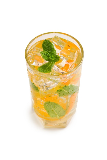 Cocktail with lemon and mint on a white background Copy space