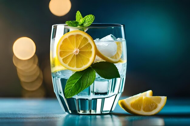 Foto cocktail con fette di limone cubetti di ghiaccio e menta