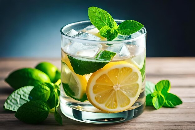 Foto cocktail con fette di limone cubetti di ghiaccio e menta