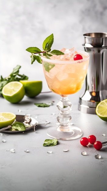 A cocktail with a lime and cherry on the rim sits on a counter.
