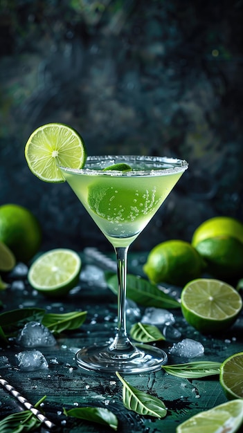 Cocktail with lime ice and water splash on dark background