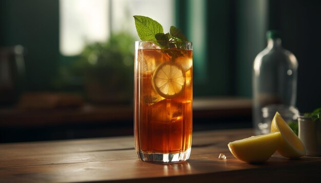 Photo cocktail with lime and mint glass of water with lime mojito cocktail on a table