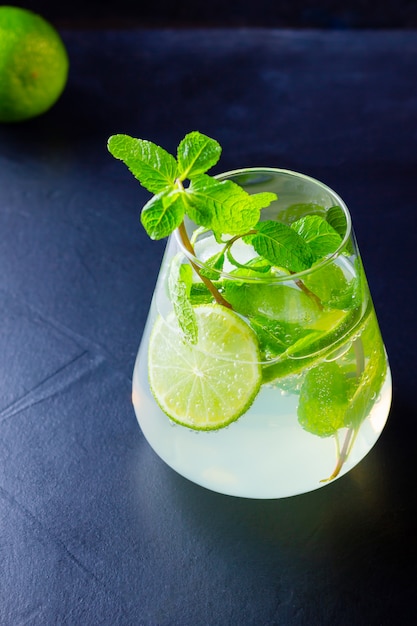 Cocktail with lime and mint in a glass