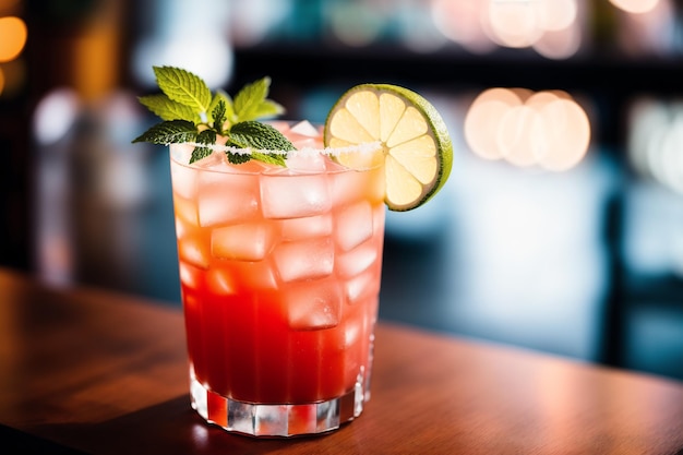 A cocktail with a lime wedge on the rim sits on a bar counter.