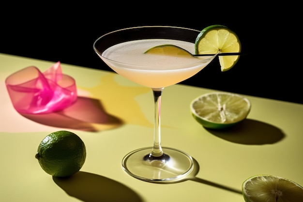 A cocktail with limes and limes on a table