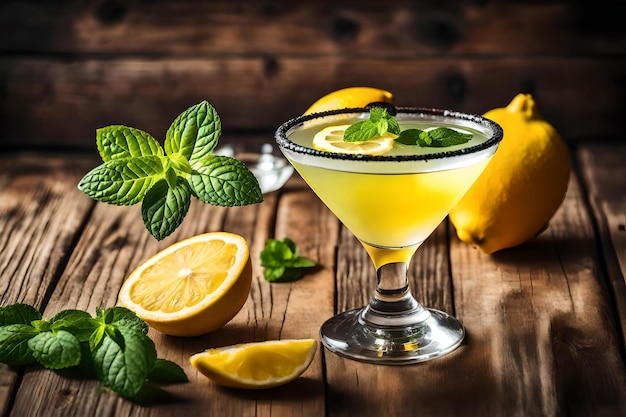 A cocktail with mint leaves and limes on a wooden table.