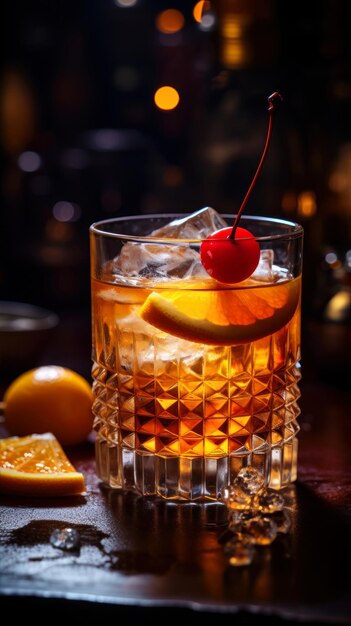 Cocktail with orange and cherry on a dark background Selective focus