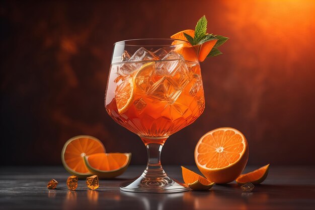 Cocktail with orange ice and mint on a dark background generative ai