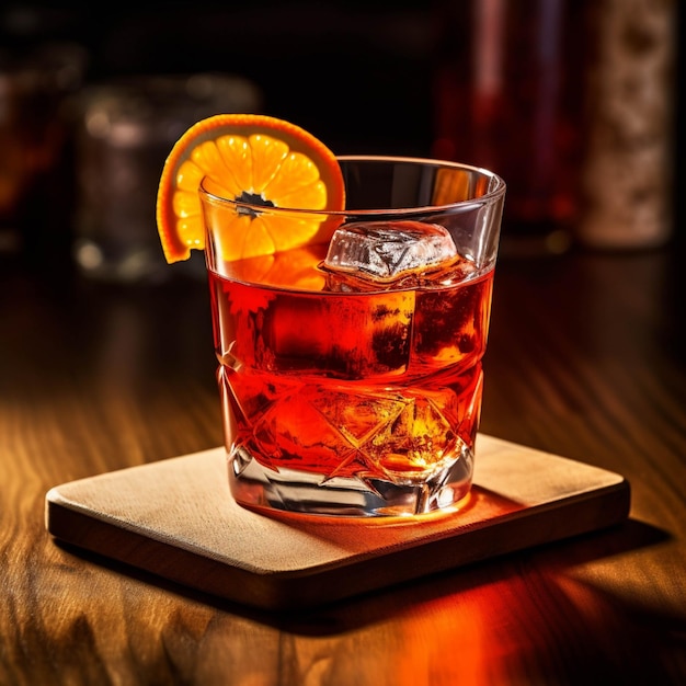 Cocktail with orange and ice on a wooden table in a bar