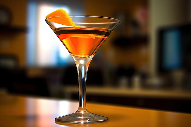 A cocktail with a orange slice in it