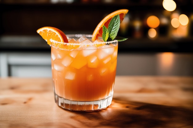 A cocktail with orange slices and mint leaves sits on a wooden counter.