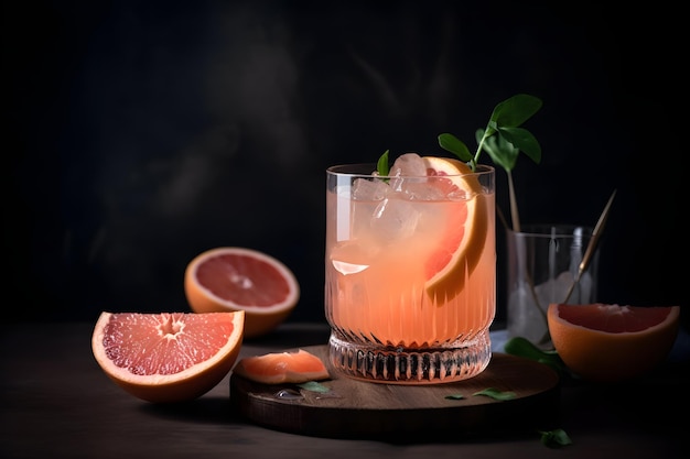 A cocktail with a slice of blood orange on the rim sits on a table with a dark background.