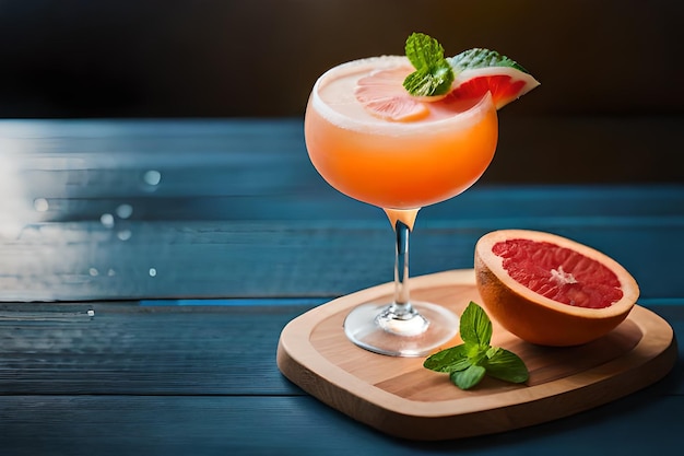 a cocktail with a slice of grapefruit and a half full glass of a cocktail.