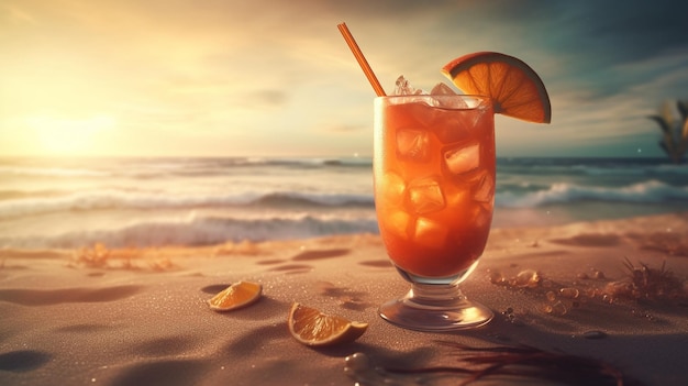 Cocktail with a slice of orange on a wooden table in front of the seagenerative ai