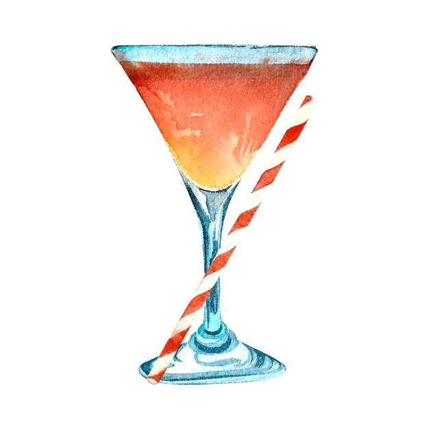 Photo cocktail with a straw painted in watercolor isolated white background hand drawn