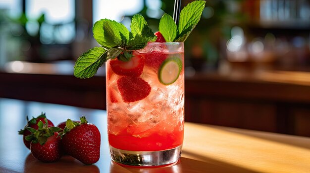 A cocktail with strawberries and mint on a table