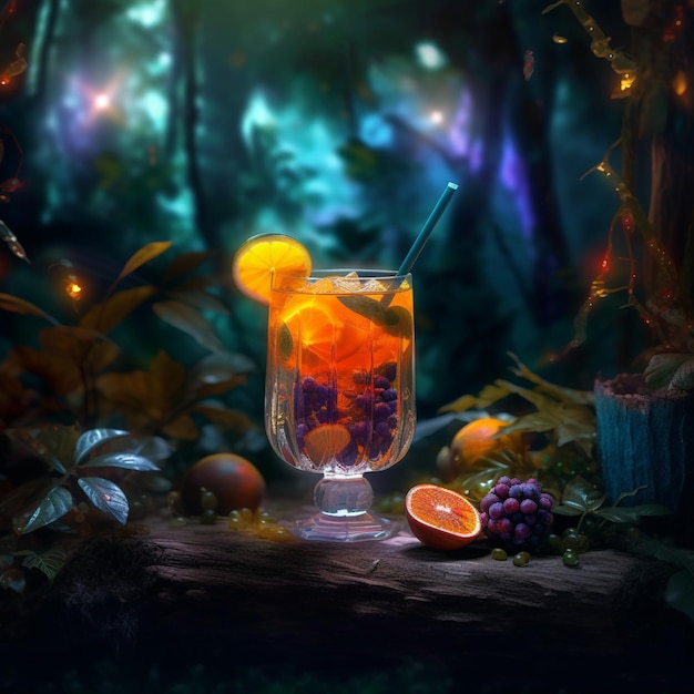 Cocktail with tropical fruits night background