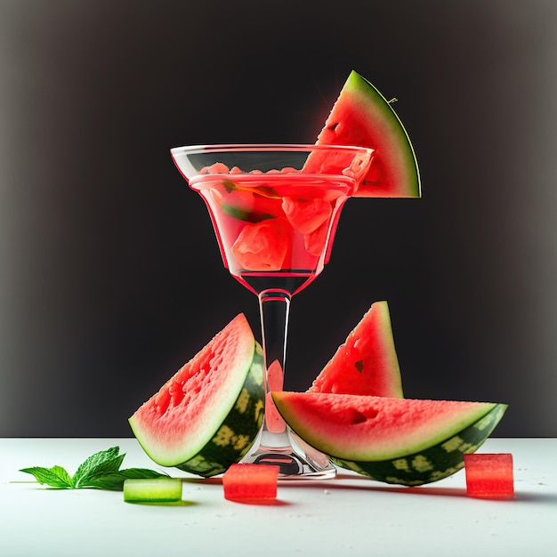 Cocktail with watermelon pieces on the beach sunlight