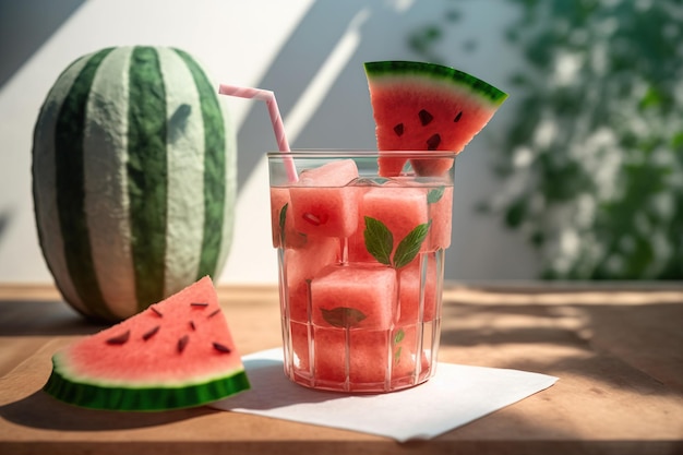 Cocktail with watermelon pieces on a white table in sunlight