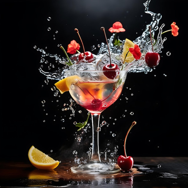 cocktail wordt geschud in een shaker met waterdruppels die sproeien en spatten