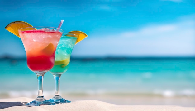 Cocktailglas op het zandstrand bij de zee in de zomer Generatieve AI