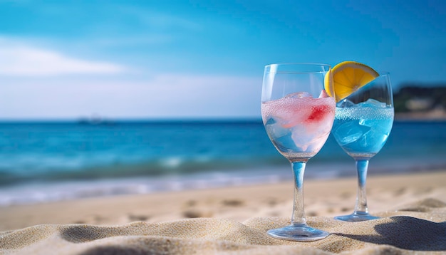 Cocktailglas op het zandstrand bij de zee in de zomer Generatieve AI