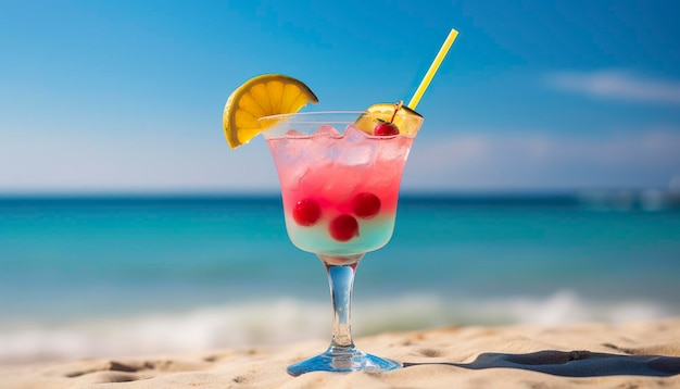 Cocktailglas op het zandstrand in de buurt van de zee in de zomer Generatieve AI