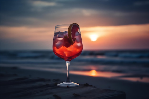 Cocktailglas tegen een adembenemende zee als achtergrond plaats van ontspanning en zonsondergang