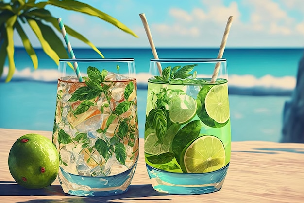 Cocktailglazen aan het strand en zwembad Mojito