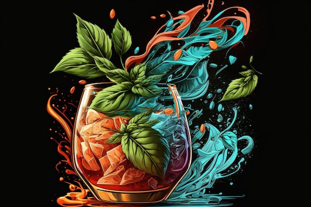 Cocktailplons met gin en basilicum tegen een donkere achtergrond