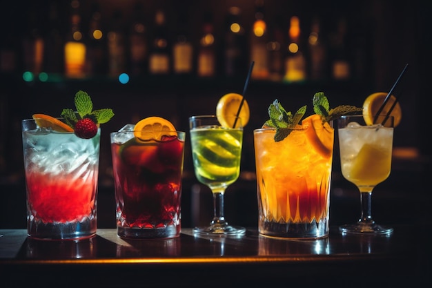 Cocktails assortiment geserveerd op donkere achtergrond Klassiek drankmenu concept Vooraanzicht AI gegenereerd