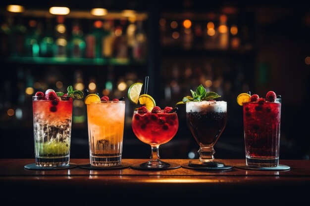 Foto cocktails assortiment geserveerd op donkere achtergrond klassiek drankmenu concept vooraanzicht ai gegenereerd