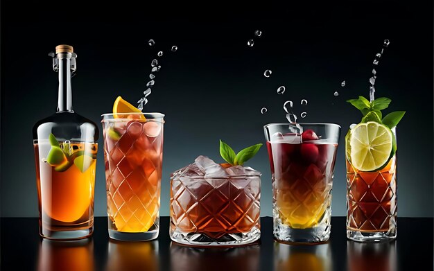 Cocktails assortment served on dark background classic drink menu concept front view
