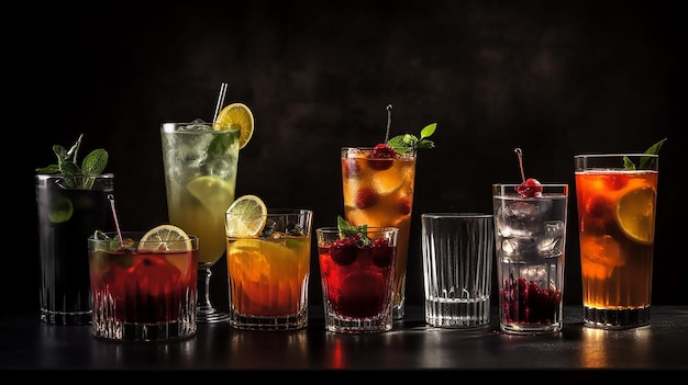 Cocktails assortment served on dark background Copy space panorama