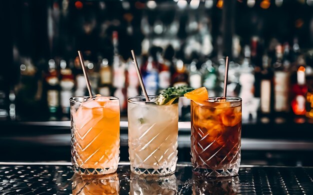 Cocktails on the bar counter in a nightclub cocktails in glasses