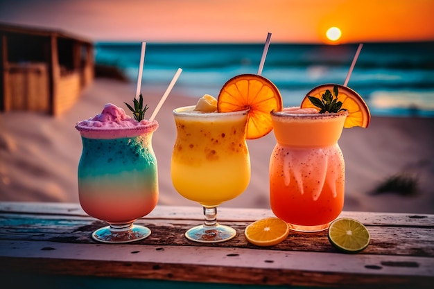 Cocktails on the beach at sunset Generative AI