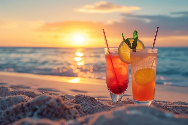 Cocktails on the beach at sunset time