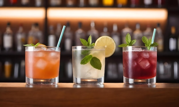 Cocktails in glasses with garnishes on a bar counter