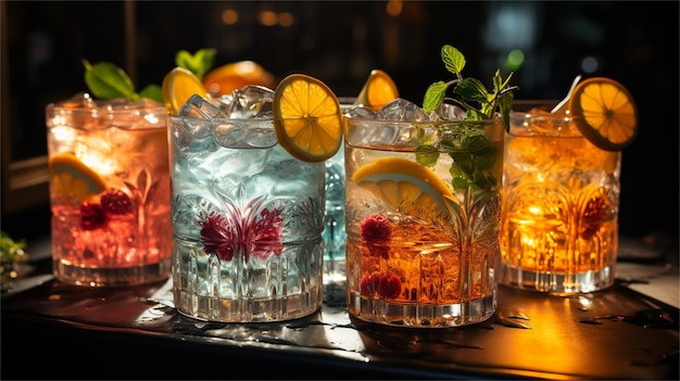 Cocktails in glasses with ice lemon and mint on the table