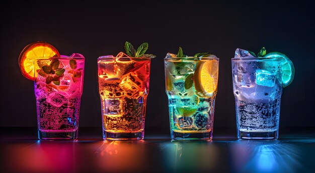 Cocktails in glasses with neon multicolored lights