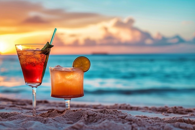 Foto cocktails op het strand bij zonsondergang