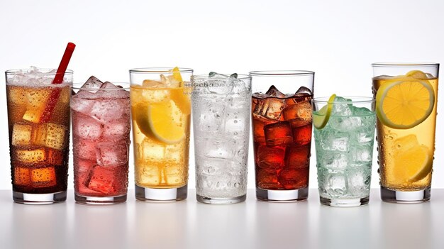 Photo cocktails in a row with ice cubes on a white background