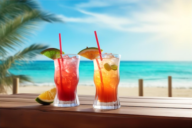 Cocktails on the Table with Beach View Background