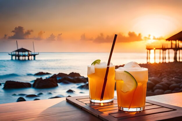 cocktails on a tray with a sunset in the background