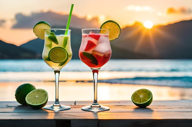 cocktails with limes and limes on a table.