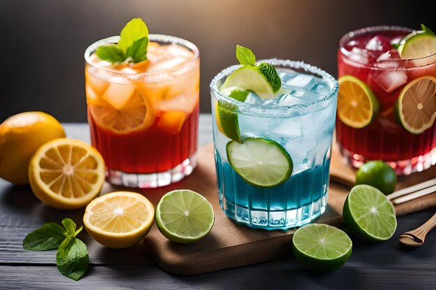 Cocktails with limes and limes on a wooden board