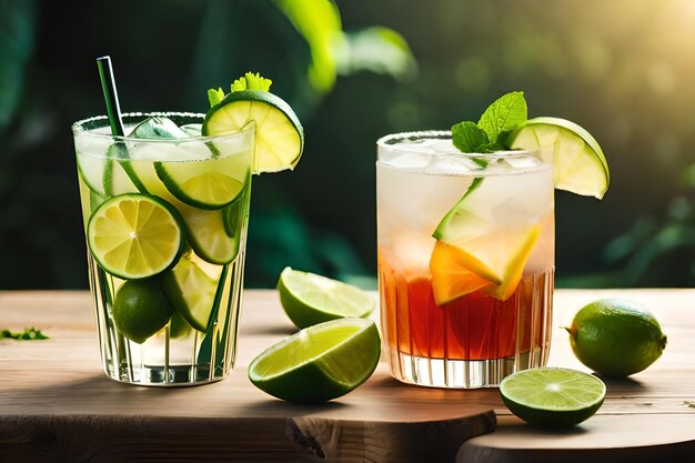 cocktails with limes and limes on a wooden table