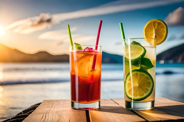 cocktails with limes and limes on a wooden table.