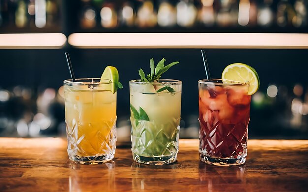 Cocktails on wooden bar counter closeup