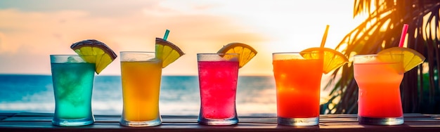 Cocktails on a wooden table against the background of the beach and the sea Generative AI